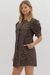 Leopard Dress w/ Puff Sleeves & Gold Lined Buttons