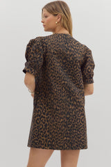 Leopard Dress w/ Puff Sleeves & Gold Lined Buttons