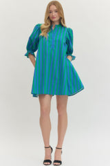 Blue/Green Striped Cotton Puff Sleeve Dress w/ Tie Back