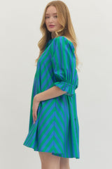 Blue/Green Striped Cotton Puff Sleeve Dress w/ Tie Back