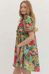 Navy Floral Printed Dress w/ Ruffle Pleated Details