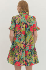 Navy Floral Printed Dress w/ Ruffle Pleated Details