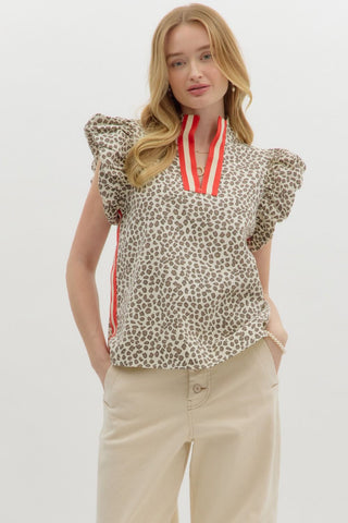 Leopard Bubble Sleeve Tank Top w/ Red Accents