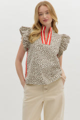 Leopard Bubble Sleeve Tank Top w/ Red Accents