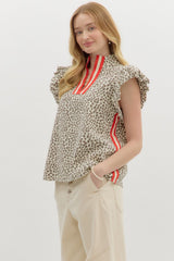 Leopard Bubble Sleeve Tank Top w/ Red Accents
