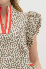 Leopard Bubble Sleeve Tank Top w/ Red Accents