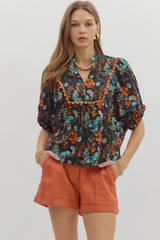 Black Floral Dolman Sleeve Top w/ Rust Accents