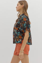 Black Floral Dolman Sleeve Top w/ Rust Accents
