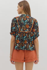 Black Floral Dolman Sleeve Top w/ Rust Accents