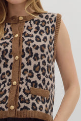 Leopard Button Up Sweater Vest
