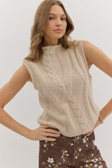 Oatmeal Cable Knit Sleeveless Sweater Top
