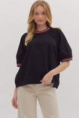 Black Cotton Top w/ Red & White Stripe Details