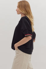 Black Cotton Top w/ Red & White Stripe Details