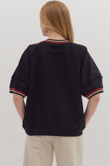 Black Cotton Top w/ Red & White Stripe Details