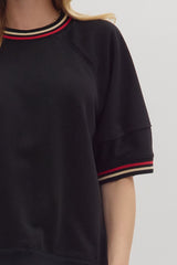 Black Cotton Top w/ Red & White Stripe Details