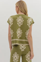 Olive Damask Patterned Knit Sweater