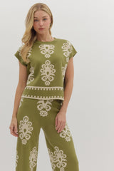Olive Damask Patterned Knit Sweater