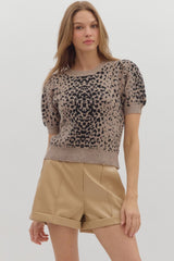 Mocha Soft Leopard Puff Sleeve Knit Sweater