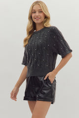 Charcoal Cable Knit Short Sleeve Sweater w/ Rhinestone Accents