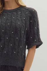 Charcoal Cable Knit Short Sleeve Sweater w/ Rhinestone Accents