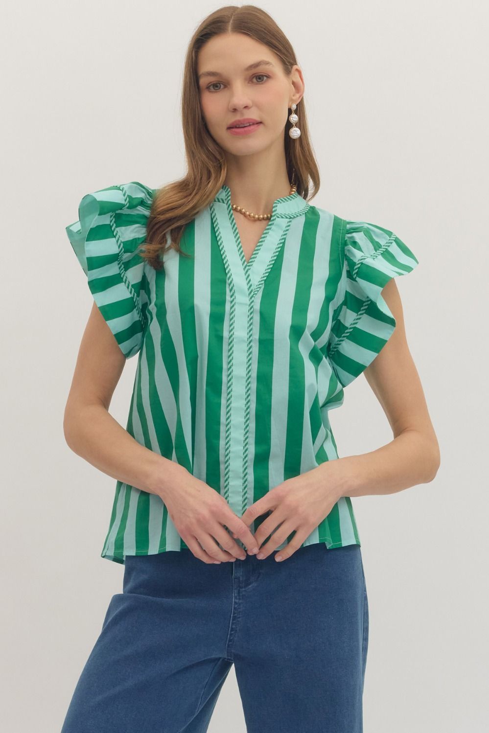 Light Blue & Green Striped Flutter Sleeve Top