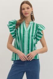Light Blue & Green Striped Flutter Sleeve Top