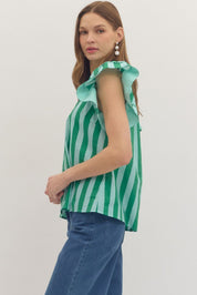 Light Blue & Green Striped Flutter Sleeve Top