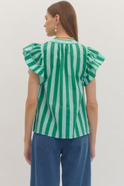 Light Blue & Green Striped Flutter Sleeve Top