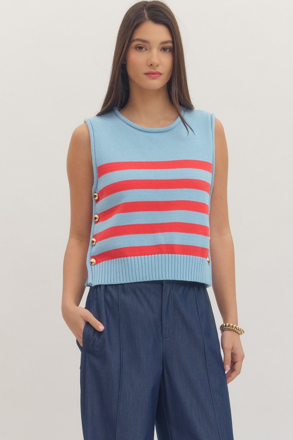 Blue/Red Striped Knit Tank Top w/ Large Gold Button Details