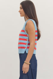Blue/Red Striped Knit Tank Top w/ Large Gold Button Details