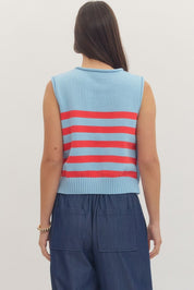 Blue/Red Striped Knit Tank Top w/ Large Gold Button Details