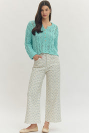 Sky Blue Open Knit Long Sleeve Lightweight Sweater Top