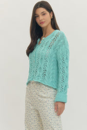 Sky Blue Open Knit Long Sleeve Lightweight Sweater Top