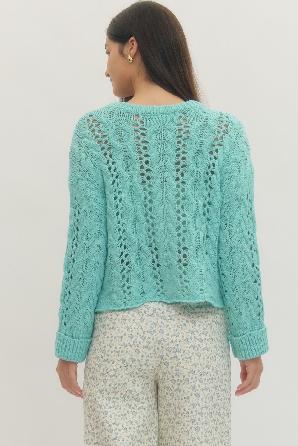 Sky Blue Open Knit Long Sleeve Lightweight Sweater Top