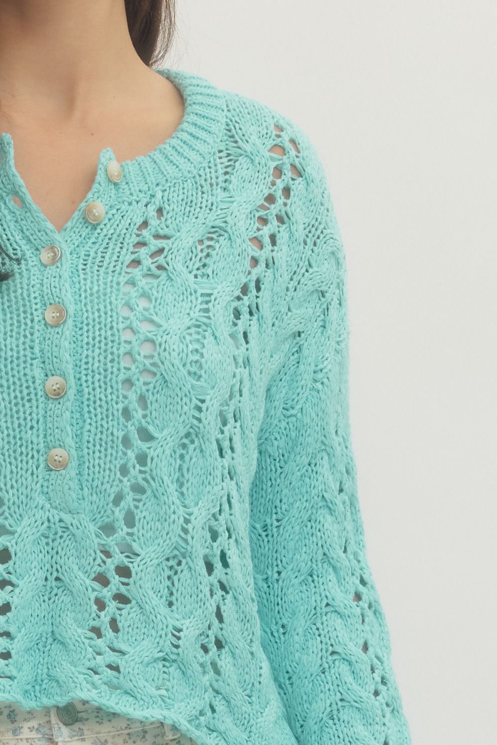 Sky Blue Open Knit Long Sleeve Lightweight Sweater Top