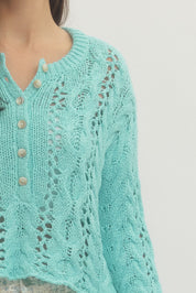 Sky Blue Open Knit Long Sleeve Lightweight Sweater Top