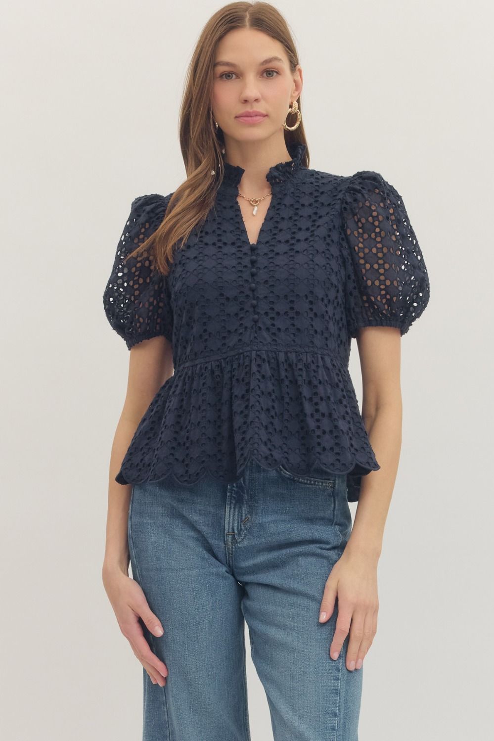 Navy Eyelet Embroidered Top