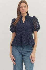 Navy Eyelet Embroidered Top