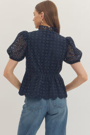 Navy Eyelet Embroidered Top