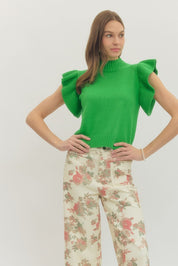 Kelly Green Ruffle Sleeve Sweater Top