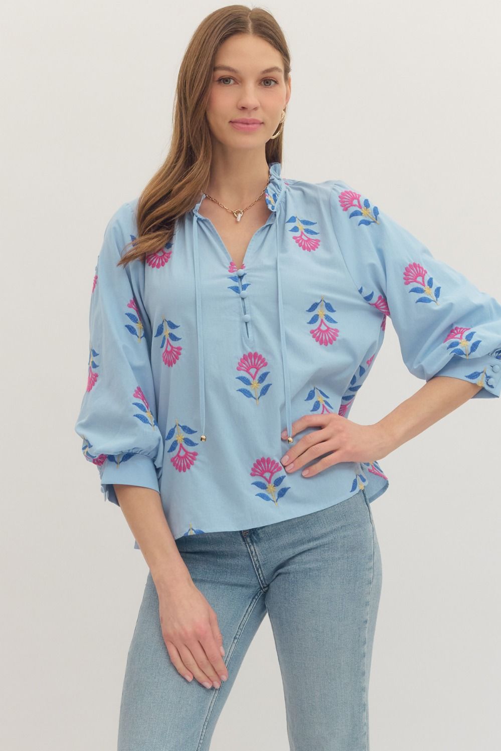 Chambray Embroidered 3/4 Sleeve Top