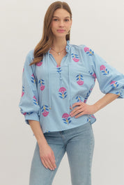Chambray Embroidered 3/4 Sleeve Top