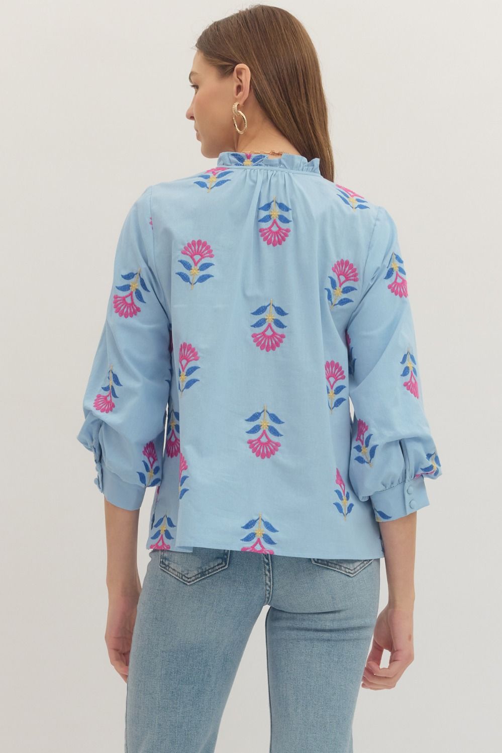 Chambray Embroidered 3/4 Sleeve Top