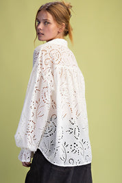 White Cotton Eyelet Button Down Top