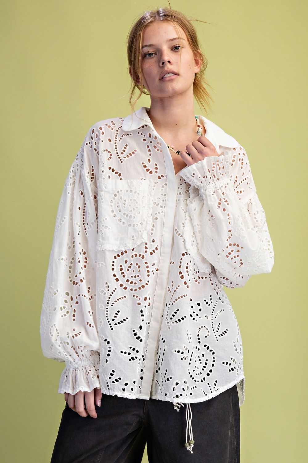 White Cotton Eyelet Button Down Top