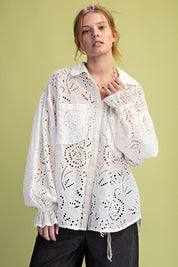 White Cotton Eyelet Button Down Top