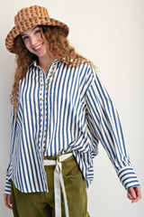 Denim Blue Striped Button Down Top