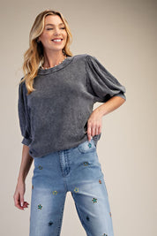 Ash Grey Mineral Washed Puff Sleeve Cotton Top