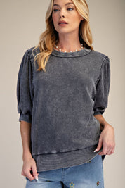 Ash Grey Mineral Washed Puff Sleeve Cotton Top