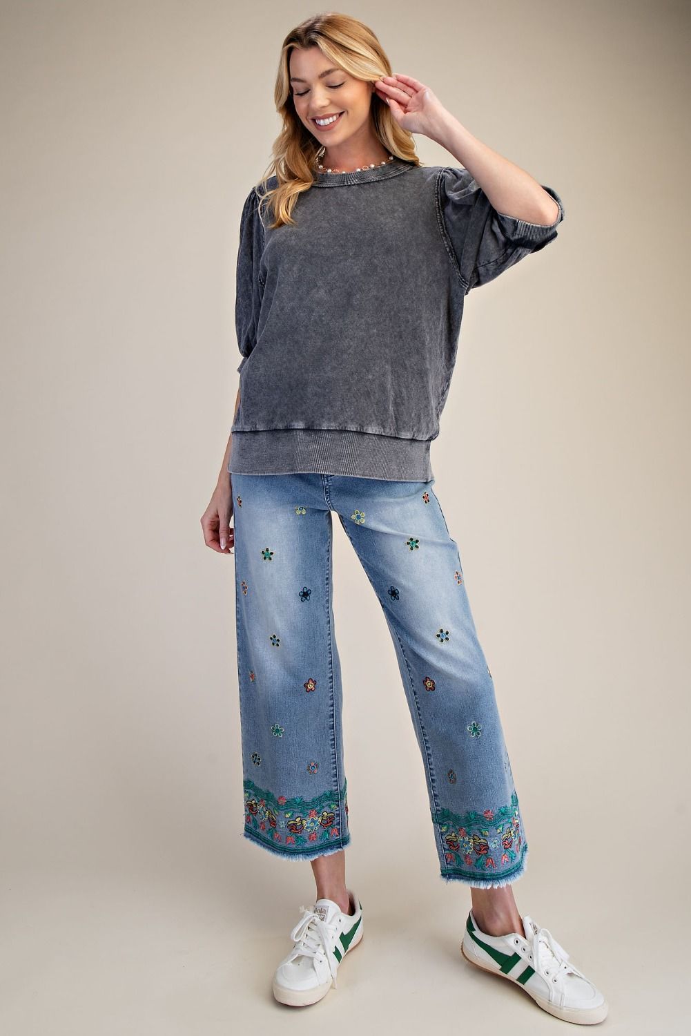 Ash Grey Mineral Washed Puff Sleeve Cotton Top
